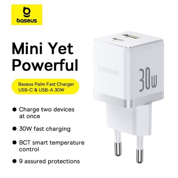 Мережевий зарядний пристрій Baseus Palm Fast Charger C+U 30W EU Moon White (P1011160A213-00) 57419 фото