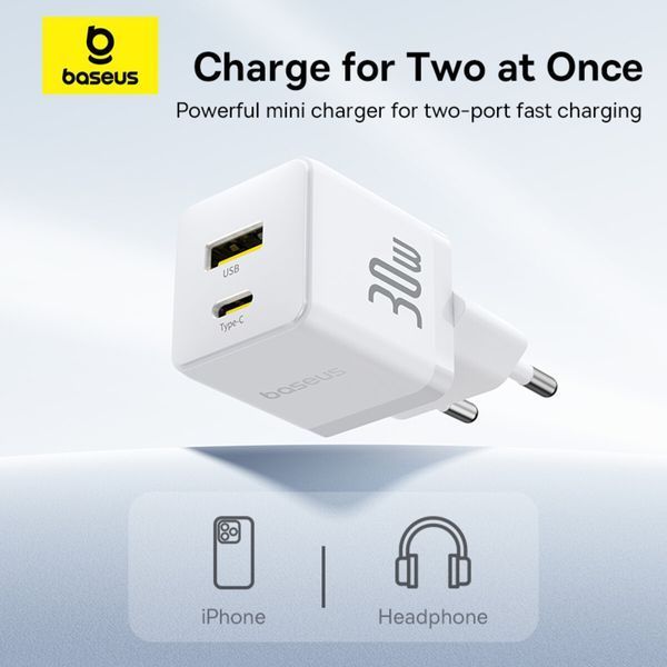 Мережевий зарядний пристрій Baseus Palm Fast Charger C+U 30W EU Moon White (P1011160A213-00) 57419 фото