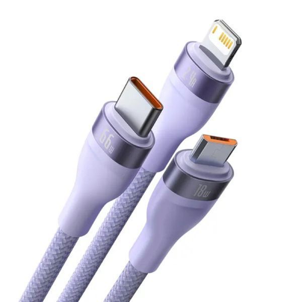 Кабель Baseus Flash Series Ⅱ One-for-three Fast Charging Data Cable USB to M+L+C 66W 1.2m Purple (CASS040005) 56886 фото