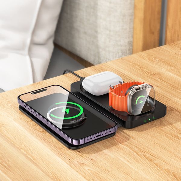 Бездротовий зарядний пристрій HOCO CQ13 Triumph 3-in-1 travel folding wireless fast charger Black (6942007635509) 57119 фото