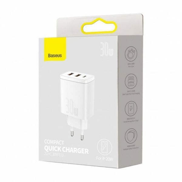 Мережевий зарядний пристрій Baseus Compact Quick Charger 2U+C 30W EU White (CCXJ-E02) 14951 фото