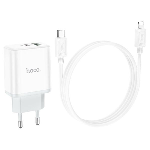 Мережевий зарядний пристрій HOCO C105A Stage dual port PD20W+QC3.0 charger set (C to iP)(EU) White (6931474782939) 57091 фото
