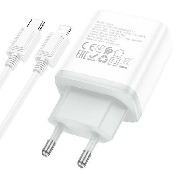 Мережевий зарядний пристрій HOCO C105A Stage dual port PD20W+QC3.0 charger set (C to iP)(EU) White (6931474782939) 57091 фото