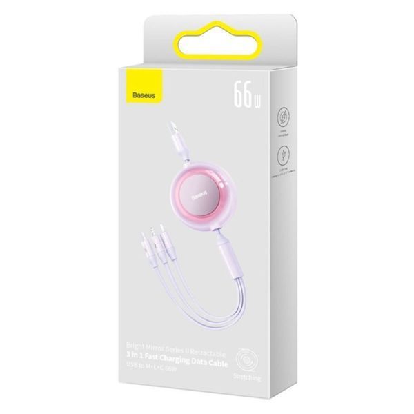Кабель Baseus Bright Mirror 2 Series Retractable 3-in-1 Fast Charging Data Cable USB to M+L+C 66W 1.1m Purple (CAMJ010105) 56879 фото