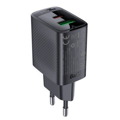Мережевий зарядний пристрій ACEFAST A78 PD20W GaN (USB-A+USB-C) charger Black (6974316283256) 52323 фото