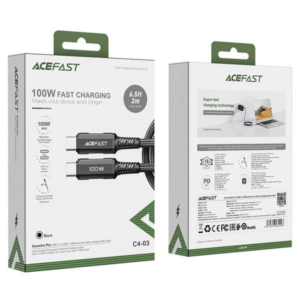 Кабель ACEFAST C4-03 Type-C to Type-C 5A, 100W, 2m, nylon, zinc connectors, Black (AFC4-03B) 14685 фото