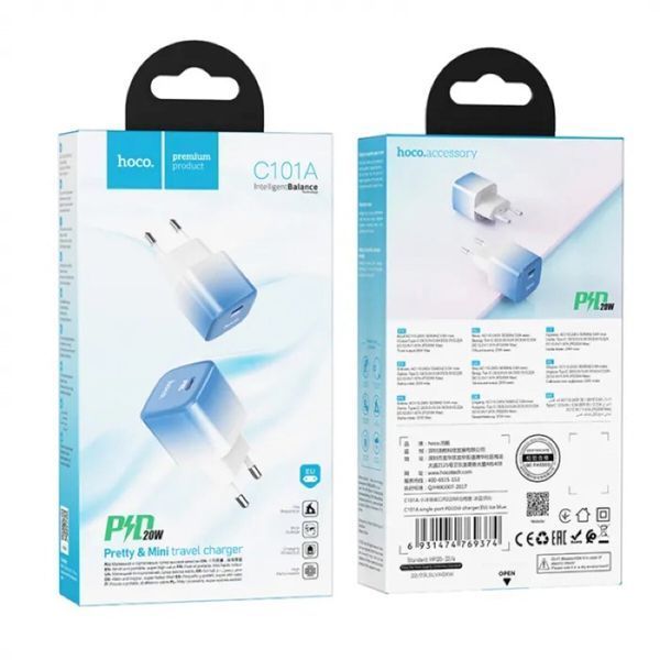 Мережевий зарядний пристрій HOCO C101A single port PD20W charger Ice Blue (6931474769374) 40239 фото