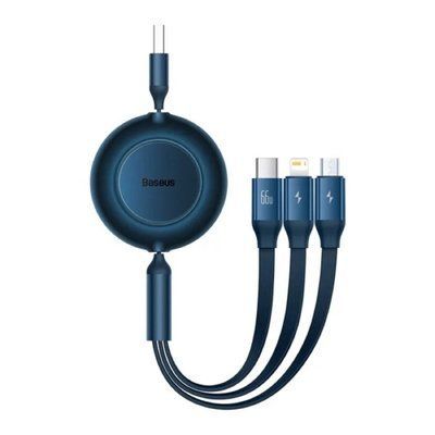Кабель Baseus Bright Mirror 2 Series Retractable 3-in-1 Fast Charging Data Cable USB to M+L+C 66W 1.1m Blue (CAMJ010103) 56878 фото