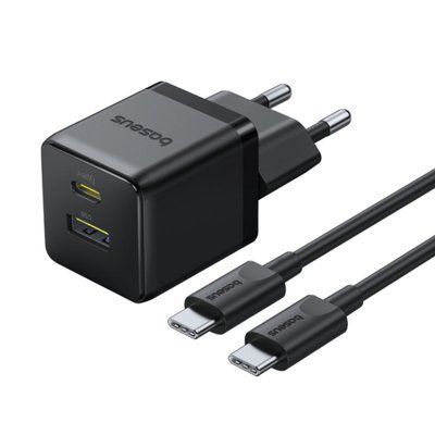 Мережевий зарядник пристрій Baseus Palm Fast Charger C+U 30W EU Cluster Black (with Baseus Mini White Cable USB-C to USB-C 60W (20V/3A) 1m) (P1011160A113-01) 57459 фото