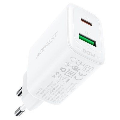Мережевий зарядний пристрій ACEFAST A25 PD20W (USB-C+USB-A) dual port charger White (AFA25W) 15781 фото