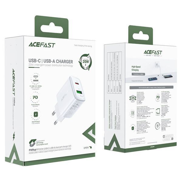 Мережевий зарядний пристрій ACEFAST A25 PD20W (USB-C+USB-A) dual port charger White (AFA25W) 15781 фото