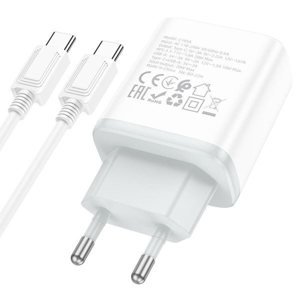 Мережевий зарядний пристрій HOCO C105A Stage dual port PD20W+QC3.0 charger set (Type-C to Type-C)(EU) White (6931474782922) 57092 фото