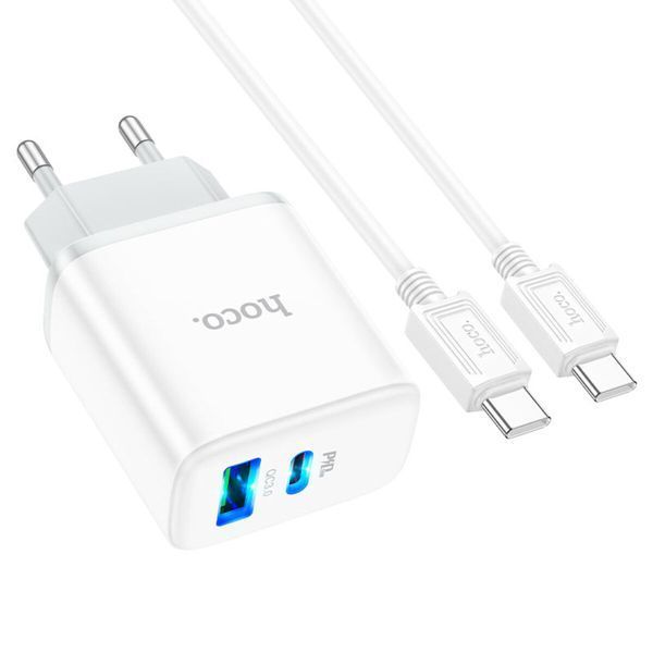 Мережевий зарядний пристрій HOCO C105A Stage dual port PD20W+QC3.0 charger set (Type-C to Type-C)(EU) White (6931474782922) 57092 фото