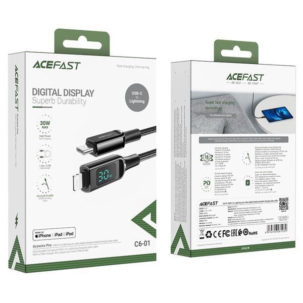 Кабель ACEFAST C6-01 Type-C to iP, 3A, 30W, 1.2m, nylon, zinc connectors, Black (AFC6-01B) 15789 фото
