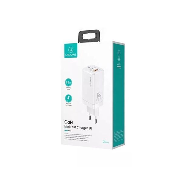 Мережевий зарядний пристрій Usams US-CC110 T33 65W 3 Ports GaN Mini Fast Charger white (CC110TC02) 52357 фото