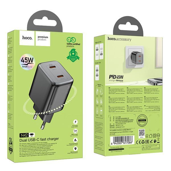 Мережевий зарядний пристрій HOCO N42 Elogiado dual-port PD45W(2C) charger Black (6942007617086) 49126 фото