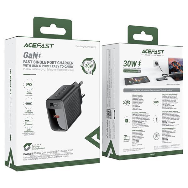 Мережевий зарядний пристрій ACEFAST A102 PD30W GaN single USB-C charger (EU) Black (6974316283287) 56574 фото