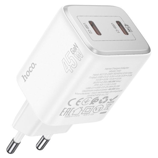 Мережевий зарядний пристрій HOCO N42 Elogiado dual-port PD45W(2C) charger set(C to iP) White (6942007617116) 51483 фото