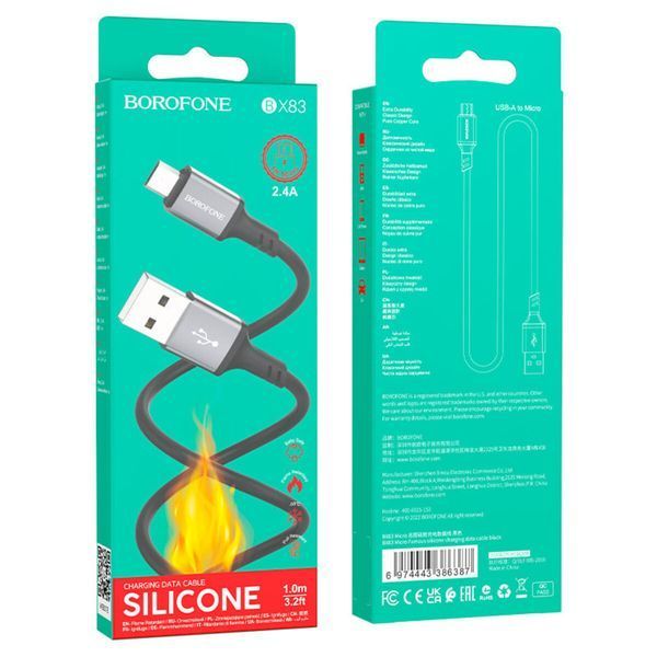 Кабель BOROFONE BX83 Micro Famous silicone charging data cable Black (6974443386387) 55628 фото