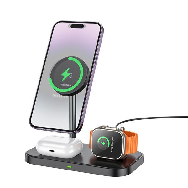 Бездротовий зарядний пристрій BOROFONE BQ29 Feliz 3-in-1 wireless fast charger Black (6941991110290) 49663 фото