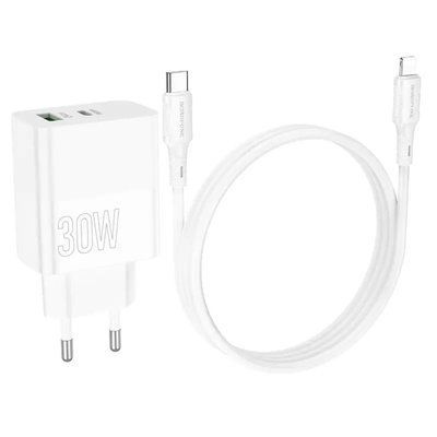 Мережевий зарядний пристрій BOROFONE BA75A Powerful dual port PD30W+QC3.0 charger set(C to iP) White (BA75ACLW) 41690 фото