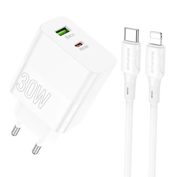 Мережевий зарядний пристрій BOROFONE BA75A Powerful dual port PD30W+QC3.0 charger set(C to iP) White (BA75ACLW) 41690 фото