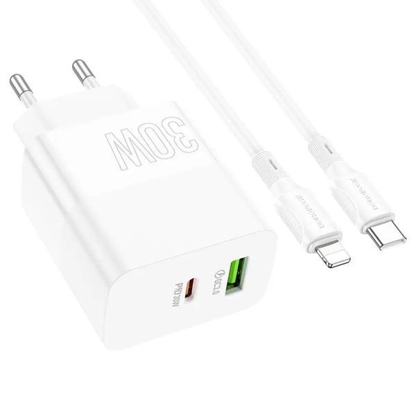 Мережевий зарядний пристрій BOROFONE BA75A Powerful dual port PD30W+QC3.0 charger set(C to iP) White (BA75ACLW) 41690 фото