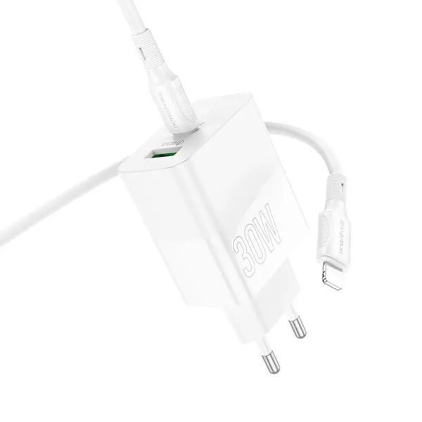 Мережевий зарядний пристрій BOROFONE BA75A Powerful dual port PD30W+QC3.0 charger set(C to iP) White (BA75ACLW) 41690 фото
