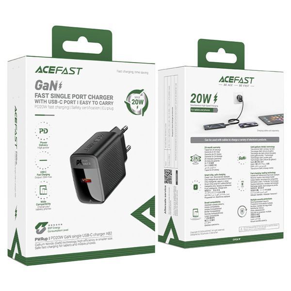 Мережевий зарядний пристрій ACEFAST A82 PD20W GaN single USB-C charger set (P5) (EU) Black (6974316280057) 56596 фото