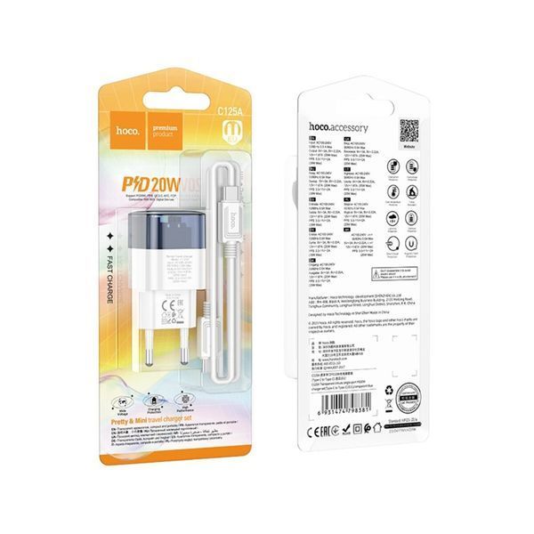 Мережевий зарядний пристрій HOCO C125A Transparent tribute single-port PD20W charger set(Type-C to Type-C) Transparent Blue (6931474798381) 55634 фото