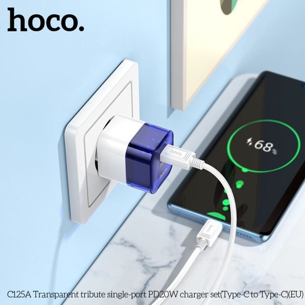 Мережевий зарядний пристрій HOCO C125A Transparent tribute single-port PD20W charger set(Type-C to Type-C) Transparent Blue (6931474798381) 55634 фото