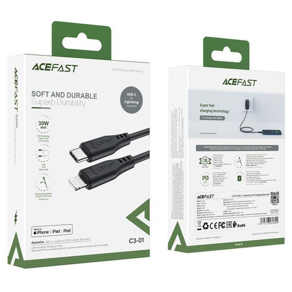 Кабель ACEFAST C3-01 Type-C to iP 3A, 30W, TPE, TPE connectors, Black (AFC3-01B) 14693 фото