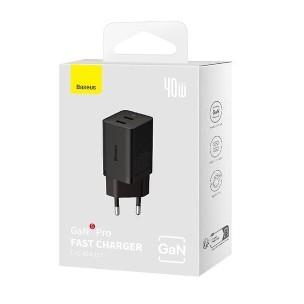 Мережевий зарядний пристрій Baseus GaN5 Pro Fast Charger C+C 40W EU Black (CCGP180101) 49180 фото