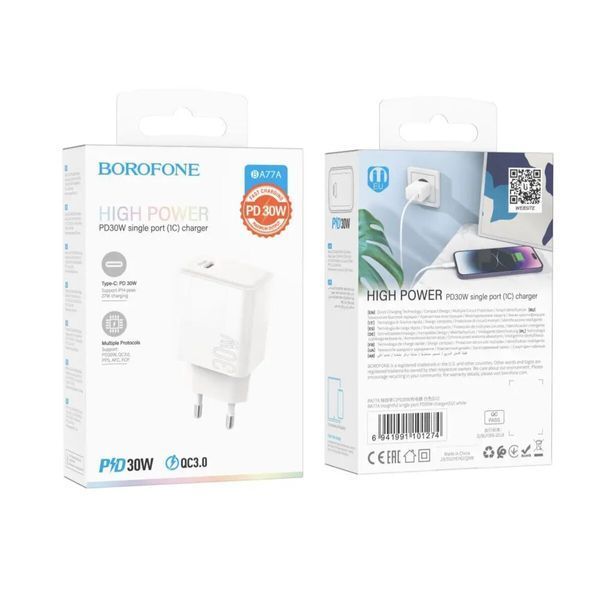 Мережевий зарядний пристрій BOROFONE BA77A Insightful single port PD30W charger White (BA77AW) 44373 фото