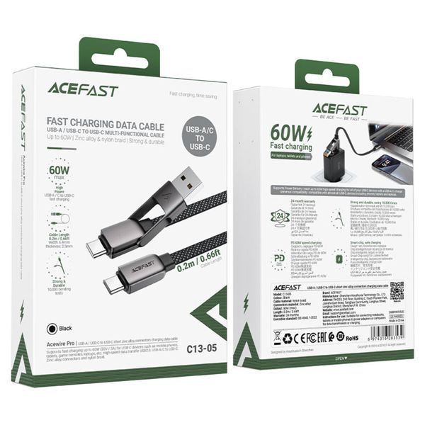 Кабель ACEFAST C13-05 USB/Type-C to Type-C 3A, 0.2m, nylon, zinc connectors, Black (6974316283539) 55799 фото