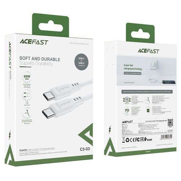 Кабель ACEFAST C3-03 Type-C to Type-C 3A, 60W, 1.2m, TPE, TPE connectors, White (AFC3-03W) 14697 фото