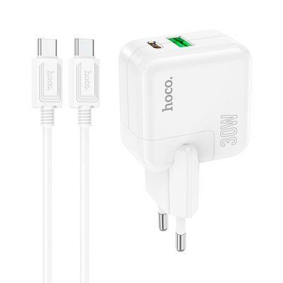 Мережевий зарядний пристрій HOCO C111A Lucky dual-port PD30W+QC3.0 charger set(Type-C to Type-C) White (6931474790880) 40236 фото
