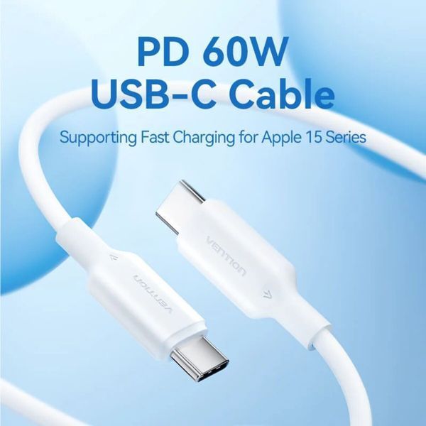 Кабель Vention USB 2.0 Type-C Male to Type-C Male 3A Cable 1M White PVC Type (TRCWF) 55881 фото