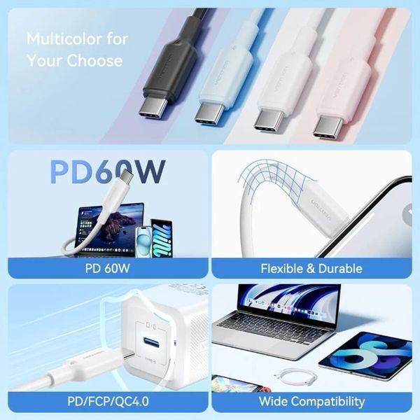 Кабель Vention USB 2.0 Type-C Male to Type-C Male 3A Cable 1M White PVC Type (TRCWF) 55881 фото