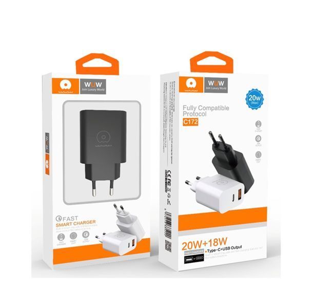 Мережевий зарядний пристрій WUW-C172 20W PD USB-C + USB QC3.0 18W black (6972573335381) 52572 фото